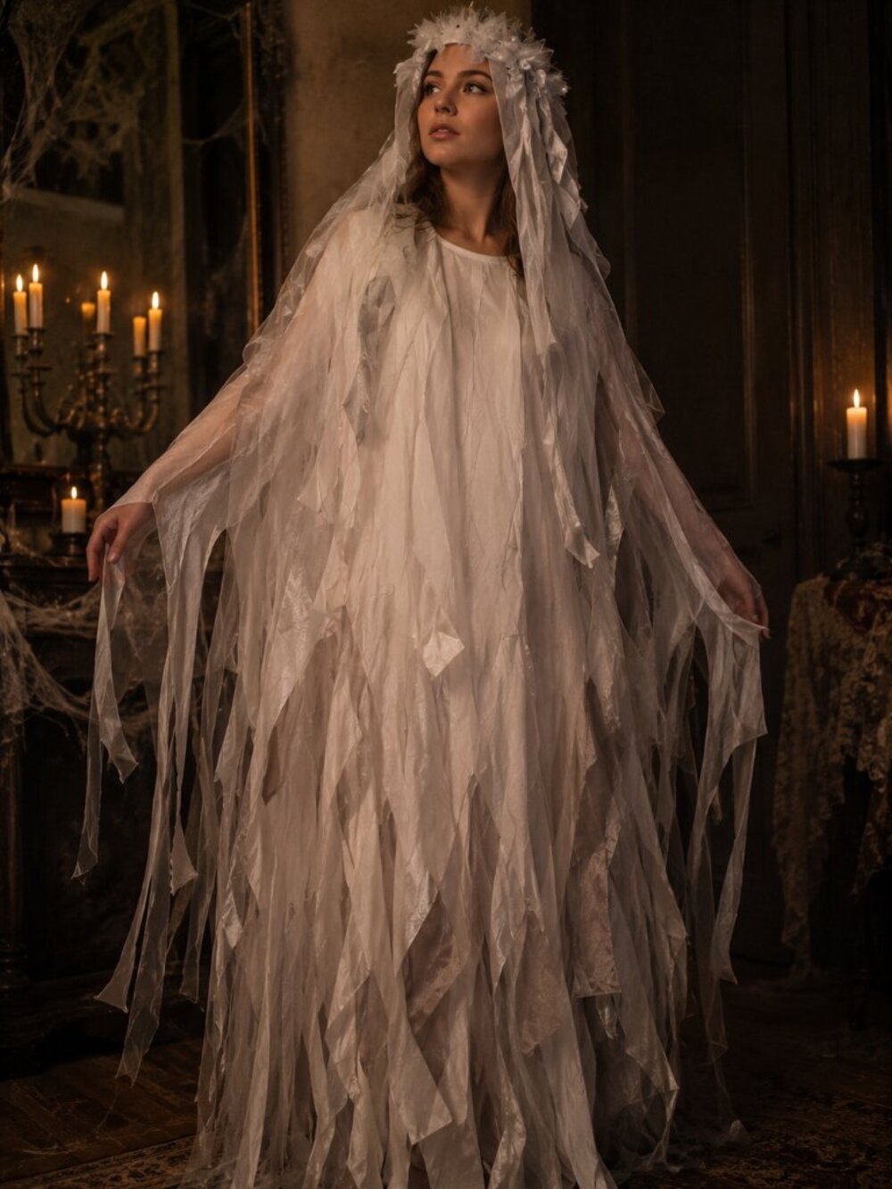 HALLOWEEN: White Silver Ghost Costume Adult Handmade Tattered Spirit Headpiece